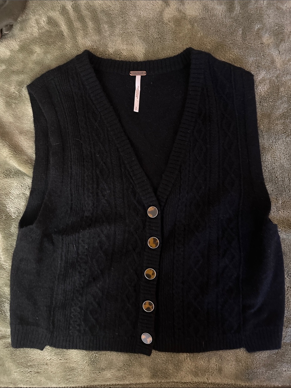 Free People Black Cashmere Cable-Knit Button Front Sweater Vest